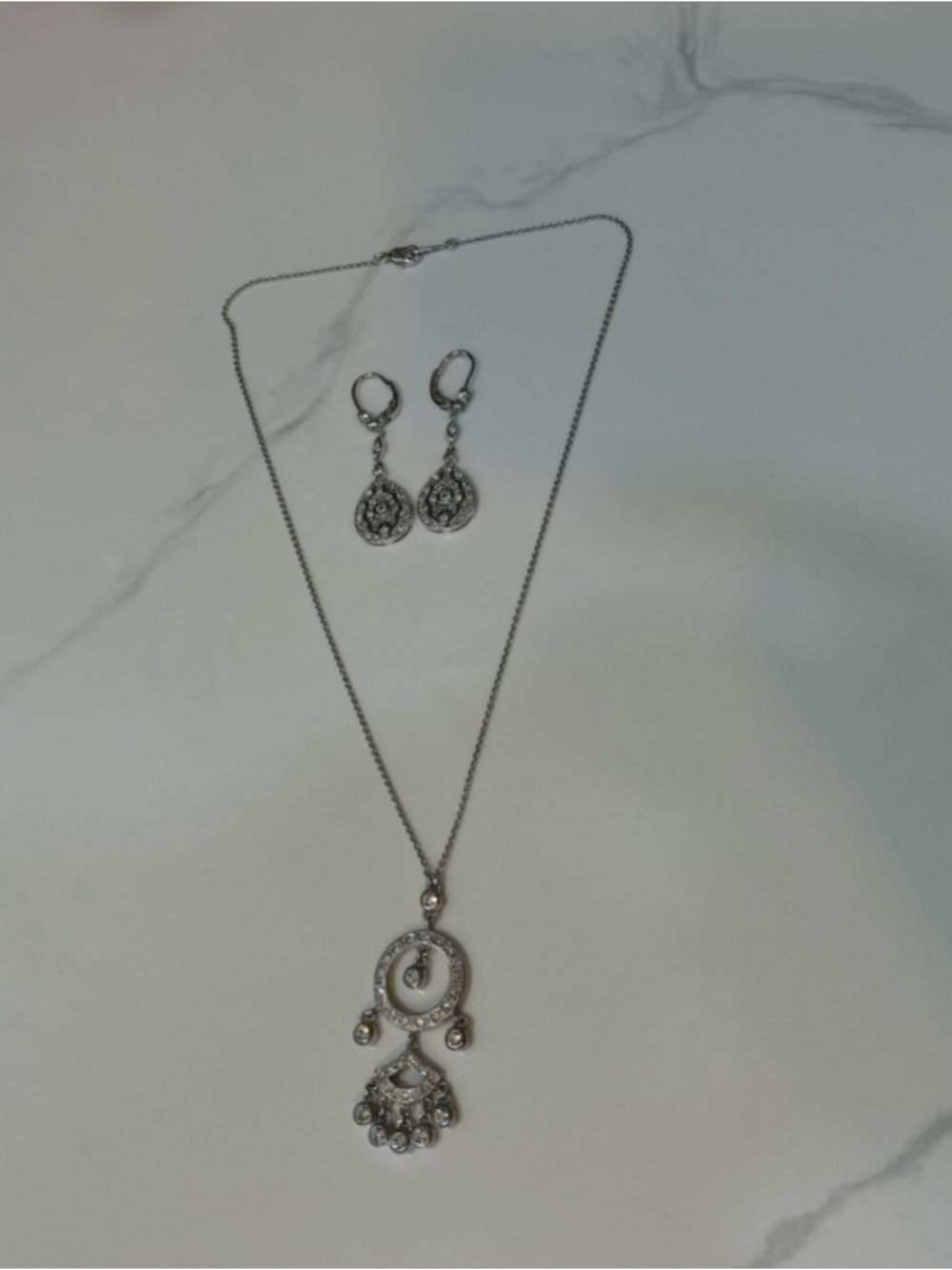 Silver-Tone Crystal Drop Necklace and Diamonair 14k White Gold Earrings Set
